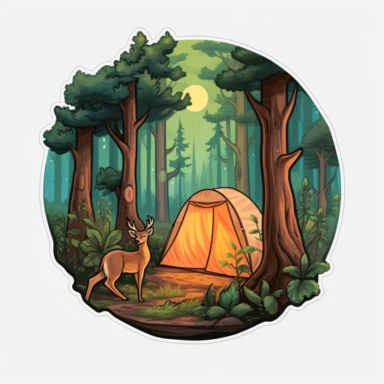 Sticker logo, featuring trees, lush foliage, and woodland creatures like deer or squirrels, capturing the essence of camping in nature, on transparent background free clipart, in the style of digital painting and drawing, 2d game art, scoutcore, anime-influenced, cabincore, high resolution, light sky-blue and dark maroon