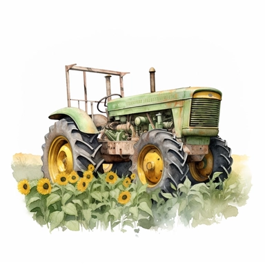 side view realistic watercolor drawing of a rustic green tractor on a sunflower farm, on a white background where the background will be removed to repurpose as a clipart.