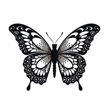 butterfly black silhouette with white highlights on white background, flat svg clipart style, high quality, details