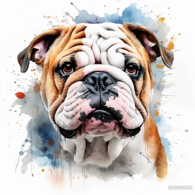 cute English Bulldog dog portrait, full face, centered shot, side shot, dynamically posed, in action, playful mood, happy mood, playing mood, cute face, adorable smile, childlike eyes, clean watercolor illustration, white background, nursery baby imagery, painting, detailed, 8k, PNG, clipart,