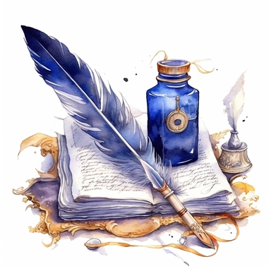 watercolor, hyper realistic, white background, white margins, 16k, ultra detailed clipart, cut out image, hand-drawn, whimsical manhwa style, ultra HD, sharp and clean art A quill pen and inkwell sitting on a velvet cushion, with a romantic old-fashioned love letter partially written, on a background of deep midnight blue.