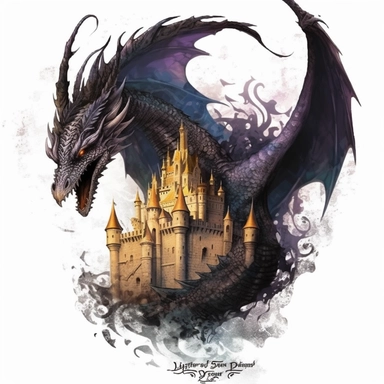 On the illustration, there is a royal black and golden fierce big dragon flying over a gothic dark castle. the atmosphere is mysterious. It is drawn in a mesmerizing clear-lined watercolor illustration style using bold and saturated colors. The illustration is ultra-realistic and hyper-detailed. It is a png clipart on a white background, it should be easy to cut out and remove the background from, so only use saturated colors around the edges of the clipart. The composition is central with a cle
