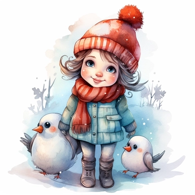a happy little cute girl in a five-year-old, snowman, bullfinch, winter, style by Lusy Fleming, folk art, watercolor, clipart elements, smooth gradients, black contour outline, ultra detailed, white background, super clear, high quality