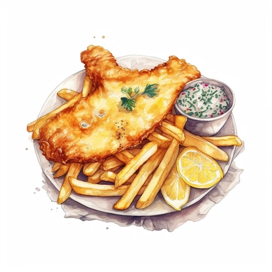 a delightful watercolor, hyper-realistic clipart image with a white background and white margins, showcasing a plate of crispy fish and chips. The ultra-detailed, hand-drawn elements capture the golden batter and tender fish. Use whimsical touches to add a sense of freshness, and bold shades of yellow and brown to evoke the comforting and satisfying nature of this classic fast food dish