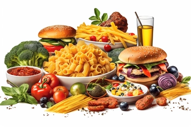 food, fruit, vegetables, hamburgers, spaghetti, clipart, hd, on white background, spaced out