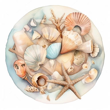 watercolor clipart of beautiful pastel shells and Starfishes within a big round tray wrapped with rustic cord ornament, vintage style