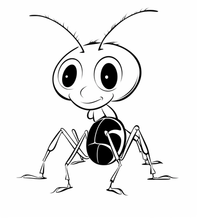 Ant, a cute cartoon, black and white colorring page for kids, Clip Art, cartoon character, no text, white background