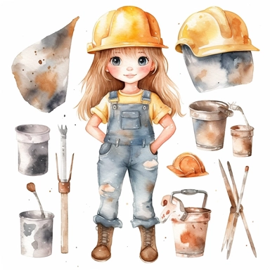 Watercolor collection clipart girl construction worker cute childish neutral colors on white background