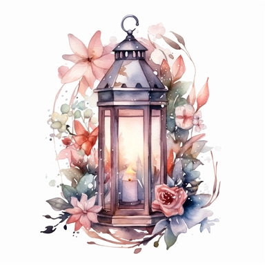 A watercolor clipart showcasing a lantern filled with twinkling fairy lights, surrounded by floral elements, evoking a magical and ethereal cottagecore ambiance , minimalist ,isolated white background,8k