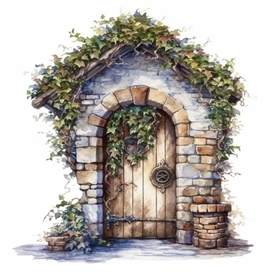 detailed watercolor clipart, photography style, beautiful christmas magic, stone wall, magical Christmas door, holly, ivy, HDR, winter snow, self shadow, white background