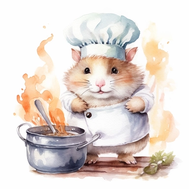 watercolor clipart, A cute chubby hamster, in style chief, ultra detailed, wearing a chef's hat, Cooking food in the kitchen, tasty, white background, high solution, no watermarks