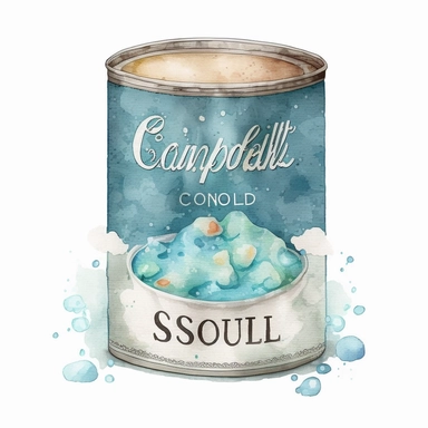 watercolor, vintage canned soup in pastel blue color, good quality illustration, clipart, white background