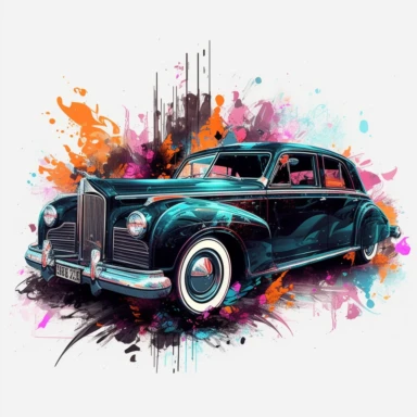 A stunning old retro car takes center stage in a Tron-inspired landscape, Limousine retro car, clipart, floral, watercolor splash, eucalyptus. The classic car boasts futuristic modifications, including neon accents and sleek digital paneling, merging the elegant lines of the vintage vehicle with the high-tech aesthetics of the Tron universe, white background, splash