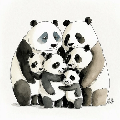 watercolor and ink drawing of a portrait of a family of five happy panda bears, one mom bear, one dad bear, three baby bears, clipart, embracing each other, cute pose, cartoon, doodle, happy, smiling, beautiful watercolor ink wash coloring, thick pencil lines, quentin Blake, Adrian tomine, popular on etsy, watercolor illustrations clipart, watercolor illlustrations for kids and children, book illustrations, plain white background
