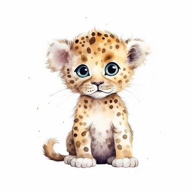 a sweet baby leopard with kind eyes clipart with watercolor illustration,full body shot,8k,etsy style, white background