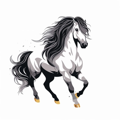 Clip Art, 2d, Flat Vector, SILVER ARABIAN Breed Horse With BLACK Extremely long thick Mane LOGO on White Background, NO TEXT, NO WATERMARK,