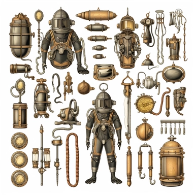 antique diving equipment, illustrations clipart set, simple, , cartoon elements, different variants, brass elements, , separate elements with a margin, , 4k, high resolution