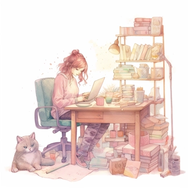 watercolor, hyper realistic, white background, white margins, 16k, ultra detailed clipart, cut out image, hand-drawn a girl working by a desk with a cat, a lamp and books, in the style of fairy kei, digital and glitchy, muted earth tones, light pink and dark brown, optical