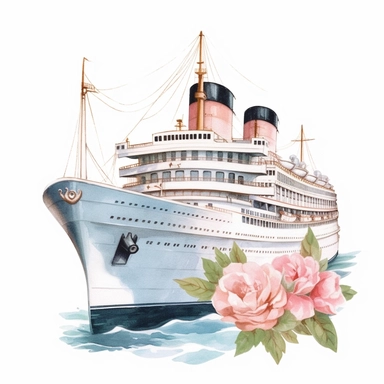 hand drawn , watercolor, hyper realistic, white background, white margins, 16k, ultra detailed clipart, cut out image, hand-drawn, ultra HD, sharp and clean art a vintage cruise ship with delicate floral , capturing the romantic and feminine aesthetics often associated with vintage fashion and travel. light pink pastel