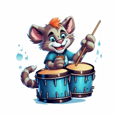 cartoon clipart design in disney style, drummer cat, white background