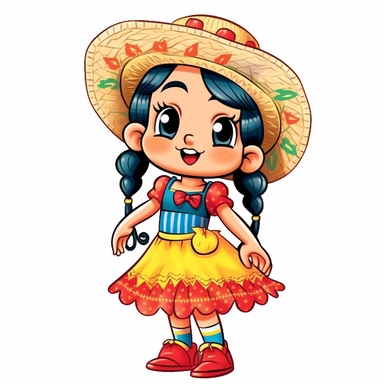 a cute blond little girl dressed for a brazilian junina party, with a blue and yellow flowing dress, braids in her hair, red shoes, happy, Monica's gang style, Graphics Maurício de Sousa, digital art, big eyes, cartoon, clipart , country girl from festa junina from brazil cute drawing white background