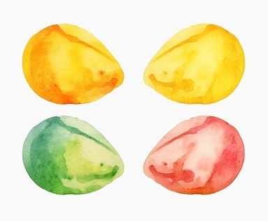 watercolor four cut Mango fruits clipart, flat style, no volume, few details, washed out, minimalistic style, very lose details, very light colors, transparent colors, light airy hues and pastel tones, spaced out, white background, washed out colors and paint, hand-painted watercolor, watercolor spray, watercolor splash, splatters and paint smudges on top of each Mango, watercolor paper with visible rough paper texture, a variety of watercolor brushes, do not cross workspace borders, rough water