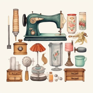 Watercolor vintage sewing kit clipart. Embroidery, Sewing machine