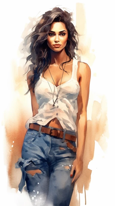watercolor stylized clipart of a gorgeous spicey hispanic woman bombshell in a white croptop and denim overalls, posing, epic light, chaotic,