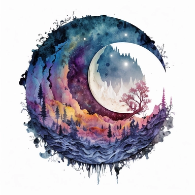 fantasy moon clipart circle on a white background, fantasy watercolor illustration, detailed, high res 8k