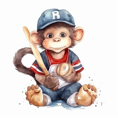hand drawn watercolor clipart baby monkey wearing baseball gear