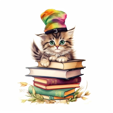 Envision a mischievous clipart kitten balancing a stack of books on its head, its tail wagging playfully, showcasing its cleverness and agility against a white background.