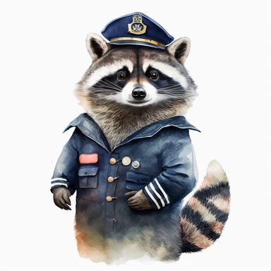 Stylish funny Raccoon in Enlisted Navy Dress Blue Uniform, full body, colorful waterpaint Clipart, watercolor, high-quality illustration, professional raster graphic, white background, Studio Lighting, ultra-detailed, 8k
