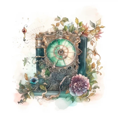 witch magical book decorated with flowers , in the style of mystic mechanisms ,pencil art illustrations, Isolated white background, reimagined by industrial light and magic, lith printing, illusory images, watercolor clipart, very subtle emerald tones, , ,