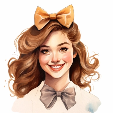 happy woman, light brown hair, bow, cute nursery painting, style by Lucy Fleming, watercolor, smooth gradients, black contour outline, ultra detailed, dreamlike, clipart elements, bright colors, solid white background, super clear, high quality