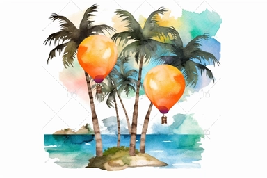 Watercolor, Design a tropical beach setting with balloons floating above palm trees. clipart, hd, on a white background, spaced out