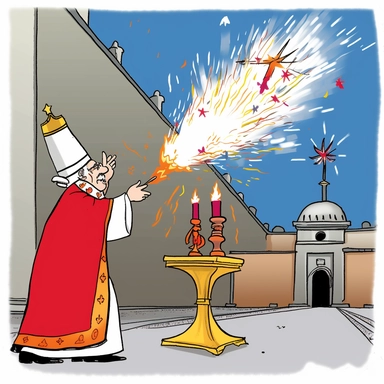 clipart cartoon, Italy Florence. the Archbishop of Florence stands at the altar and lights a dove shaped rocket to symbolise the holy spirit. This rocket is fired into the cart, causing the fireworks on top to explode