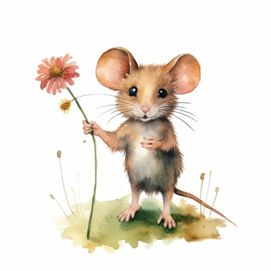 Mouse holding Flower Clipart, watercolor, realistic, standing between grass, white background