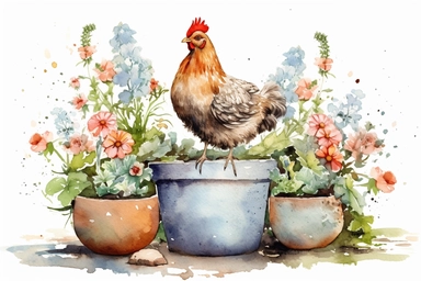 picturesque scene, watercolor and ink style, hen chickens with clay plant pots filled with spring flowers, clipart on plain white background, nature vibes, super high detail ultra precision 16k HD, clean crisp brushwork, painted by Beatrix Potter