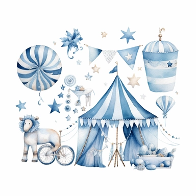 watercolour clipart of blue and white Carnival Nursery Art, with white background