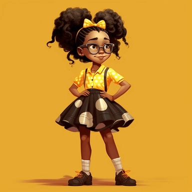 a cartoon shy, 9 year old girl with beautiful curly black hair in two ponytails, glasses and a yellow dress with white socks and black shoes, in the style of afro-american influence, dark melanin skin tone, realistic color palette, studio portrait, bold c