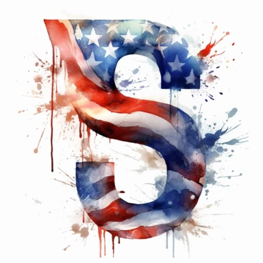 Flag Typography: Combine the American flag elements with typography to create visually interesting and impactful designs, letter S, Experiment with different fonts, sizes, and arrangements to convey patriotic messages or famous quotes, delicate detail, watercolor, in the style of artgerm, 2d game art, quadratura, clipart, on white background,