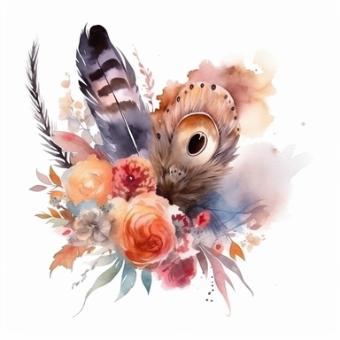 watercolor, single bunch of rustic flowers with feathers, bottom left-hand corner scroll ideal for wedding stationery, clipart