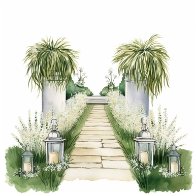 Hand drawn aisle grass with white brick, tall topiary’s with white flowers line the aisle and sparkly crystals, glamorous, very detailed and realistic, watercolor, clipart style, white background with margins