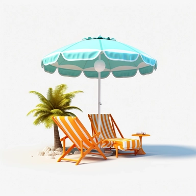 3d island paradise beach clipart in animation style, beach chair, sunshade, summer beach, coast, seaside, sand beach, vacation, in solid white background, bright color, high resolution, 8K,