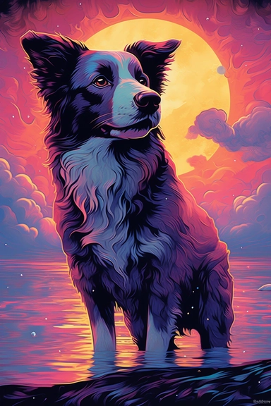 render a work of art, dan mumford style enhanced, colors, oneiric, Border Collie Dog Breed, Border Collie Dog Breed above the clouds, intricate detail, surrealism, oil painting, angelic, ecstatic, aged, ethereal, impossible, otherworldly, surface detail, global illumination, beautiful color gradation, pastel colors,day, daily, no bad image, cartoon, game style, glitch, clipped, jpeg artifacts, blurry, thick, elongated, curved, dry, crooked, uniform proportions.