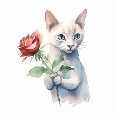 Burmilla Cat holding flower, watercolor, sharp illustration clipart, insane detail, white background