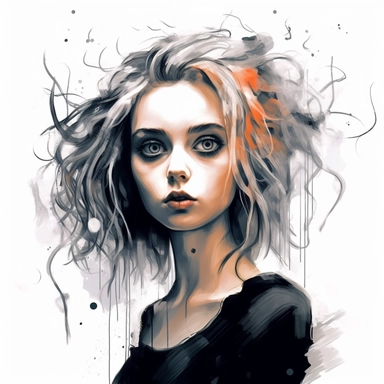 Beautiful pretty young woman tim Burton films style, paint art style, detail, clipart, white background, superrealistic, one of a kind