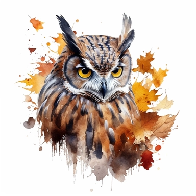 hyperrealistic high detailed dark academia fall owl, acryl watercolor clipart, white background