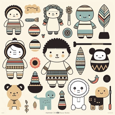 collage toys for kids inspired by inca and maya art innocent design only for kids vector flat clipart 2d black and white funny for nursery decor lineart white background only
