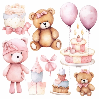Clipart image, baby girl birthday party, clothes for princess, mix of poses and expressions, cakes, balloon, bear plushies, space out, cute, little princess, white pink inspired, white background